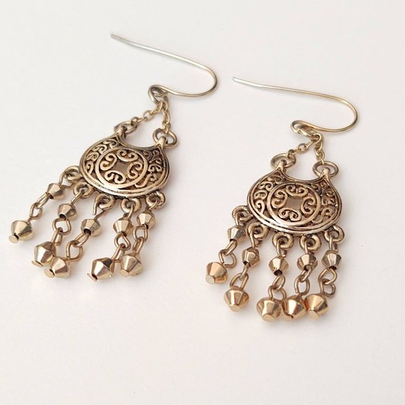 Gold scroll earrings with dangles - Picture 8 of 9